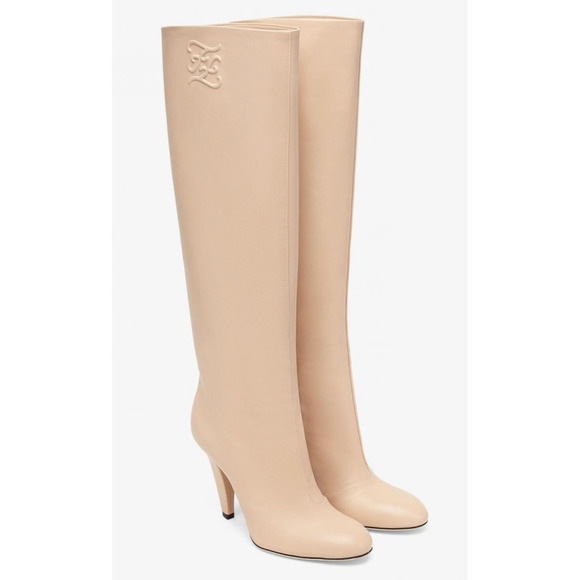 Fendi Karligraphy FF Logo Motif Poudre Beige Nude Leather Knee High Heel Boot 40 - Picture 4 of 12
